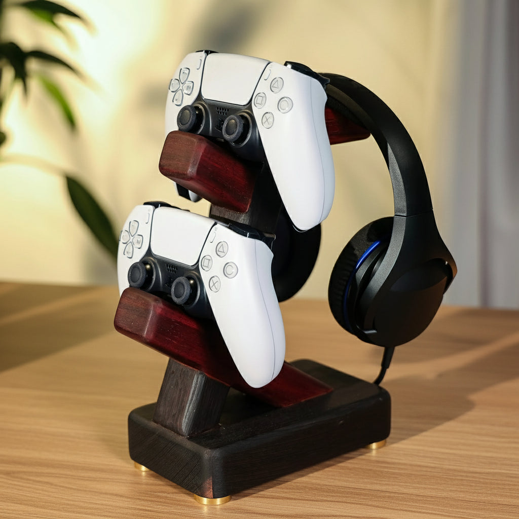 Gaming controller and headset on a wooden stand with a blurred background