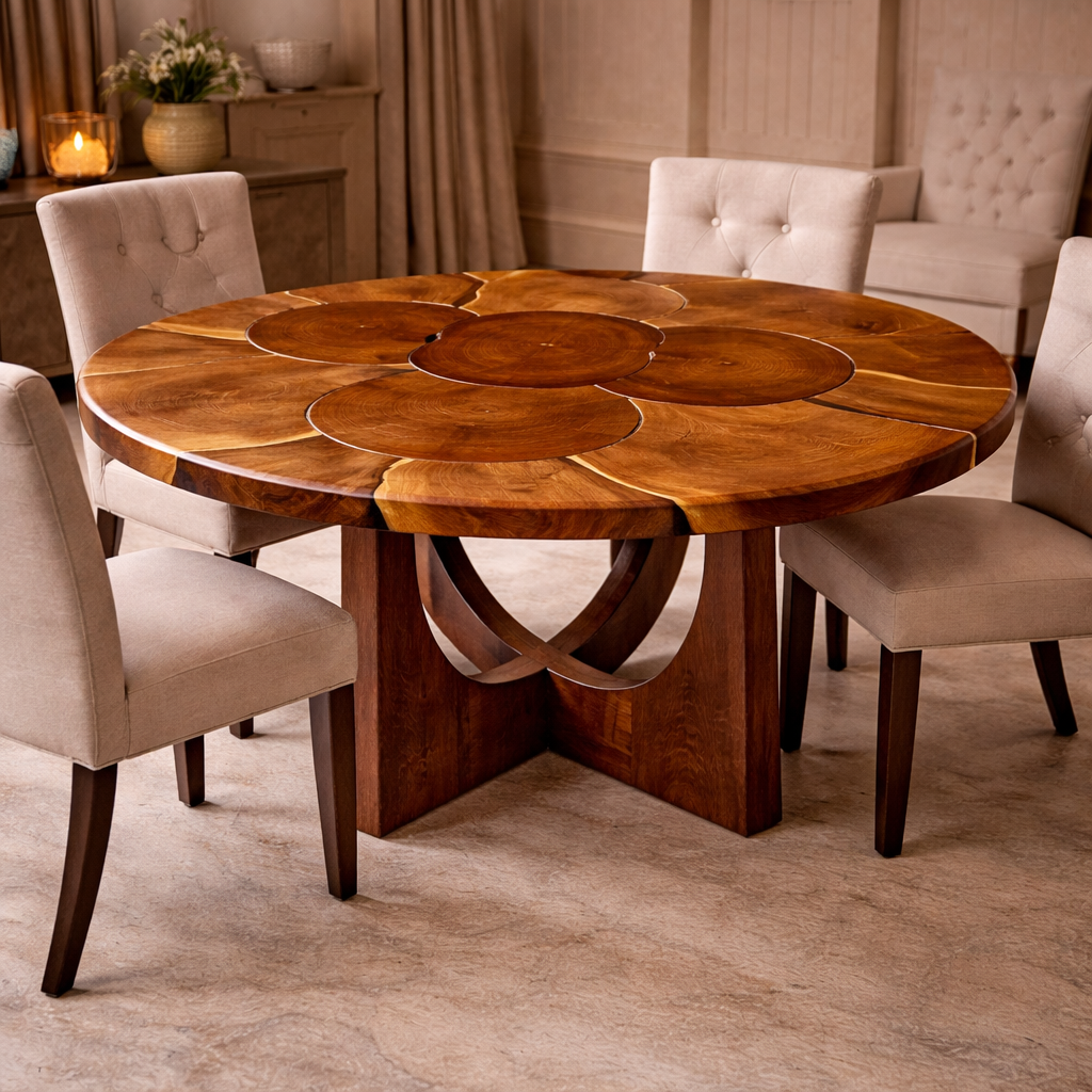 Heritage Mosaic Round Dining Table - Solid Teak Wood Statement Piece