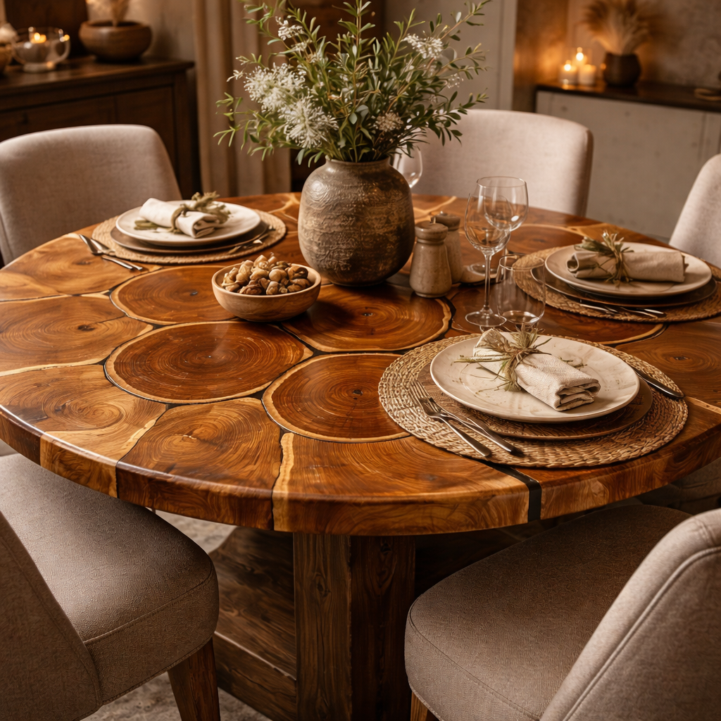 Heritage Mosaic Round Dining Table - Solid Teak Wood Statement Piece