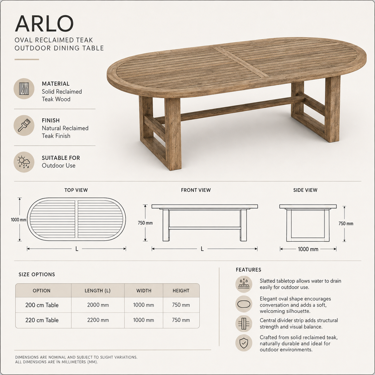 The Arlo 7/6/3 Piece Oval Reclaimed Teak Outdoor Dining Set