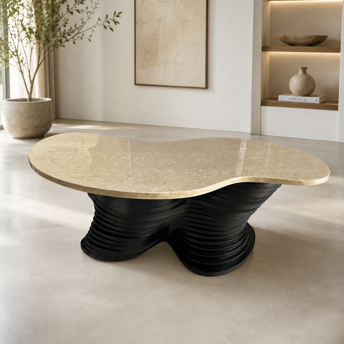 Fluid Sculpt Marble Coffee Table - Seamless Form in White & Blush Vein Stone