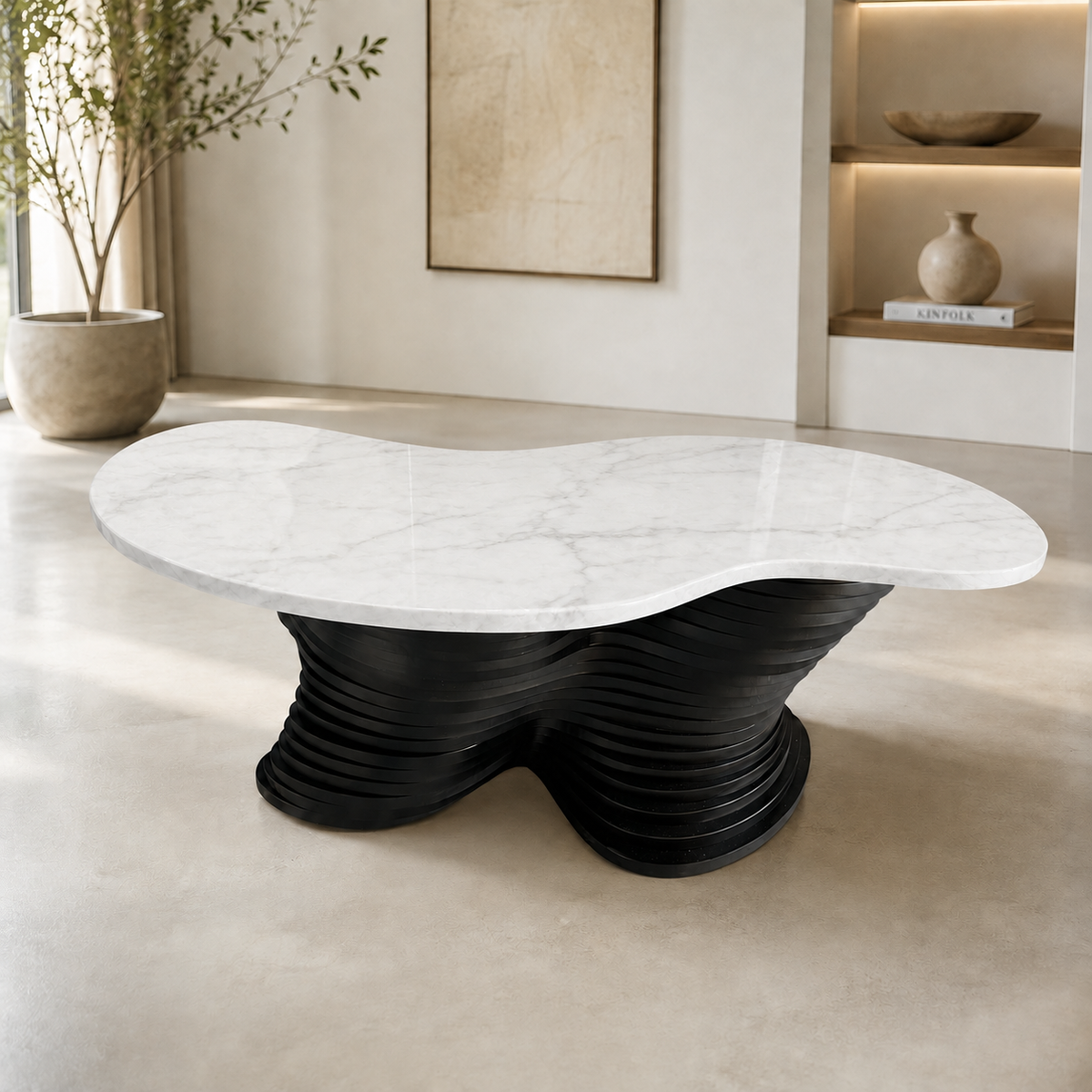 Fluid Sculpt Marble Coffee Table - Seamless Form in White & Blush Vein Stone