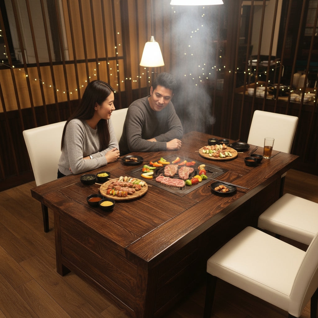 Solid Wood Korean BBQ Dining Table with Built-In Grill
