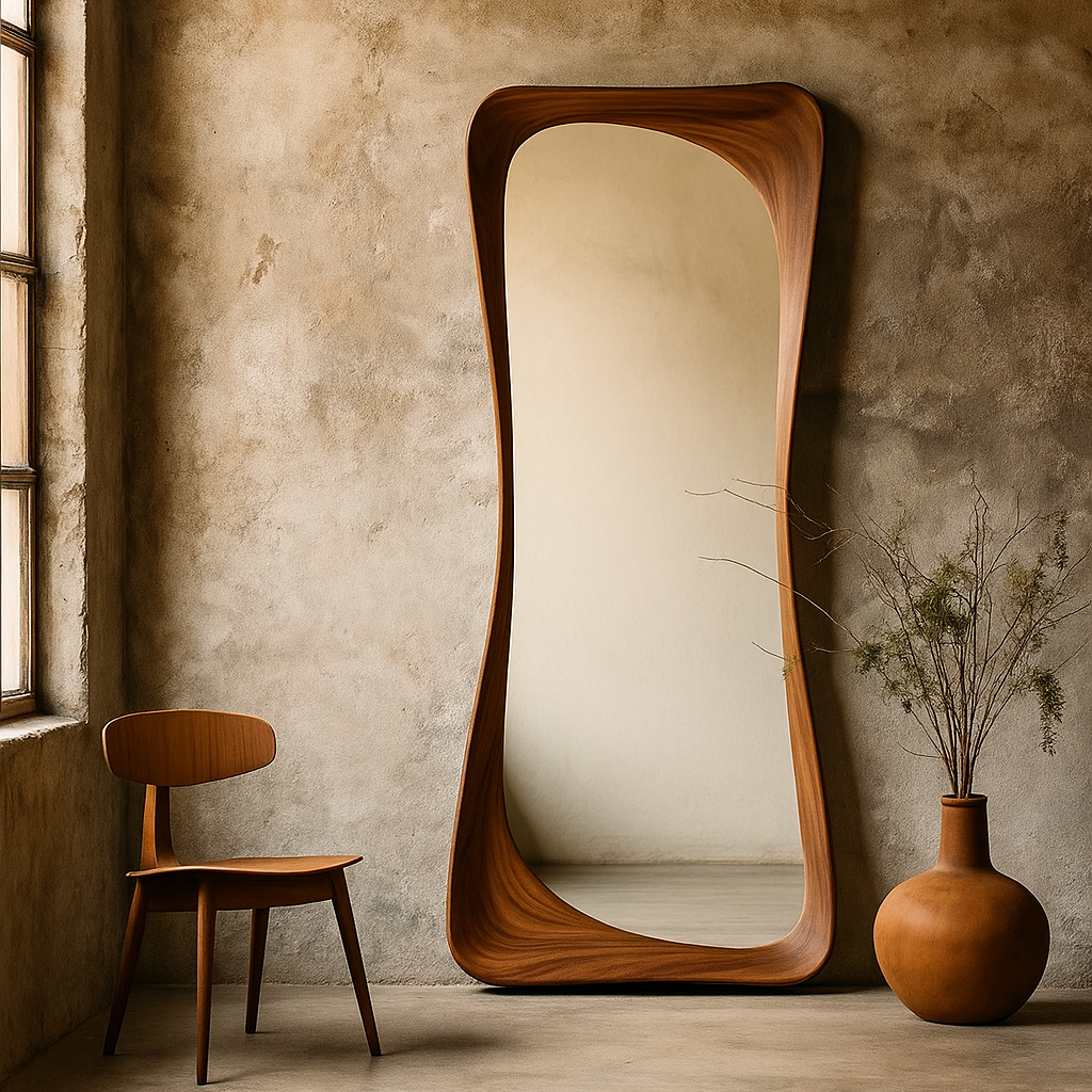 Wooden floor mirror with a modern design in a room with a textured wall and a vase.
