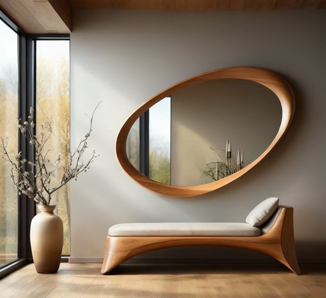 Modern interior with a wooden bench, oval mirror, and vase with branches.