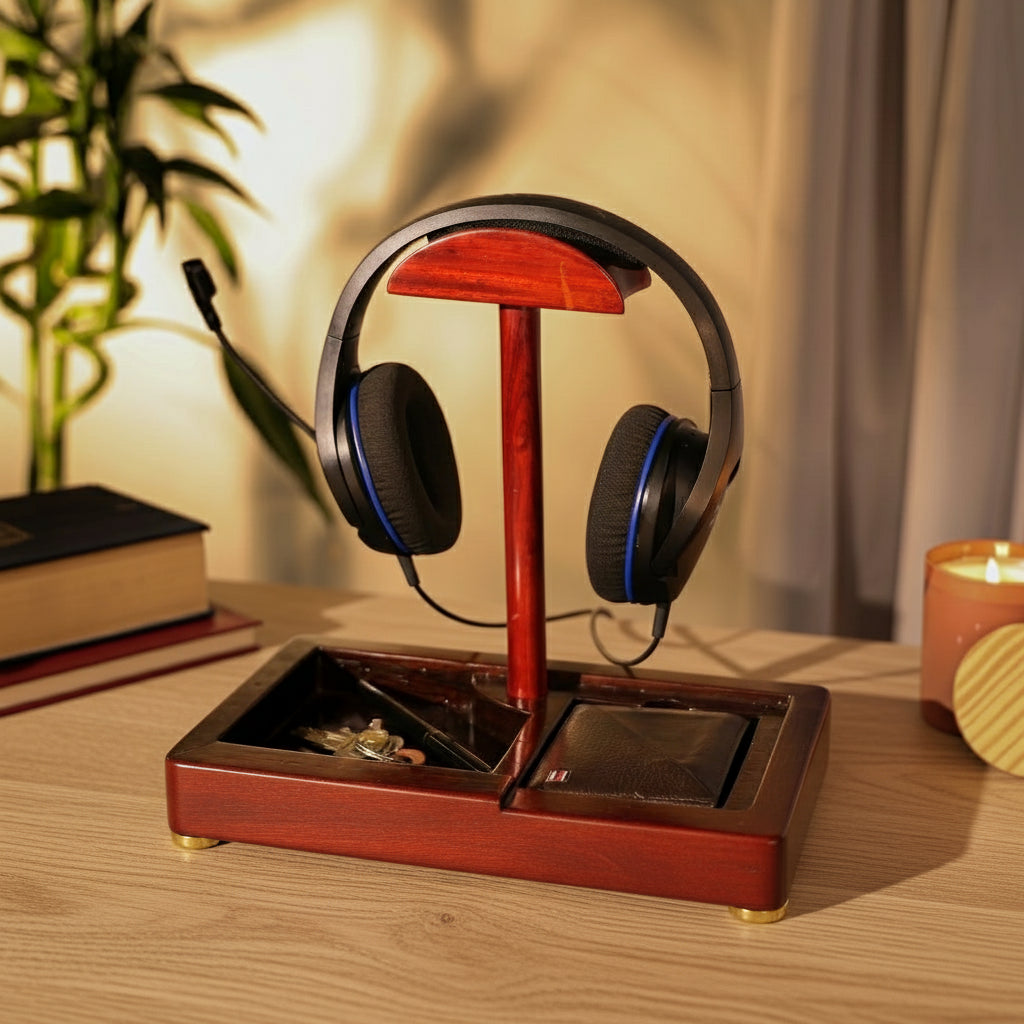 Wooden headphone stand with black headphones on a dark surface with a plant and candle in the background