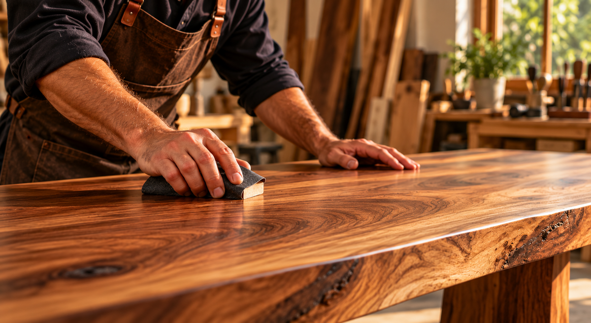 Handcrafted solid wood furniture displayed in a warm interior